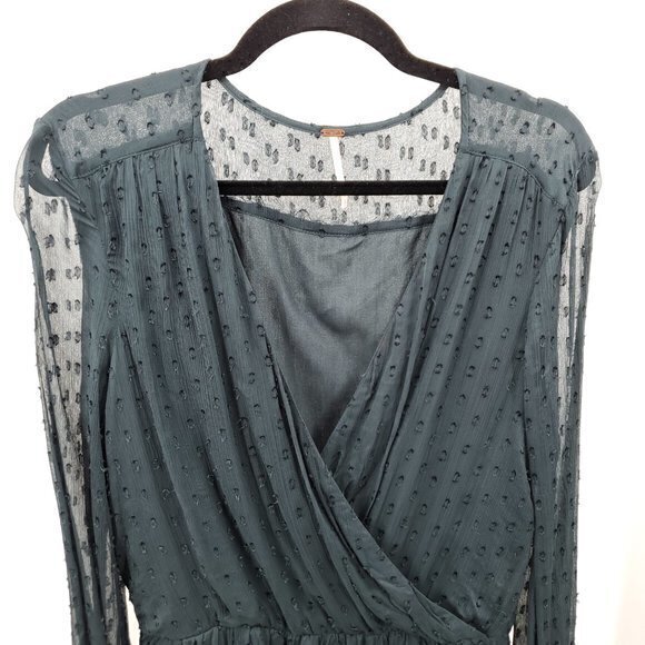 Free People Sheer Textured Long Sleeve Surplice Mini Dress Top S Dark Navy Blue - Picture 5 of 16